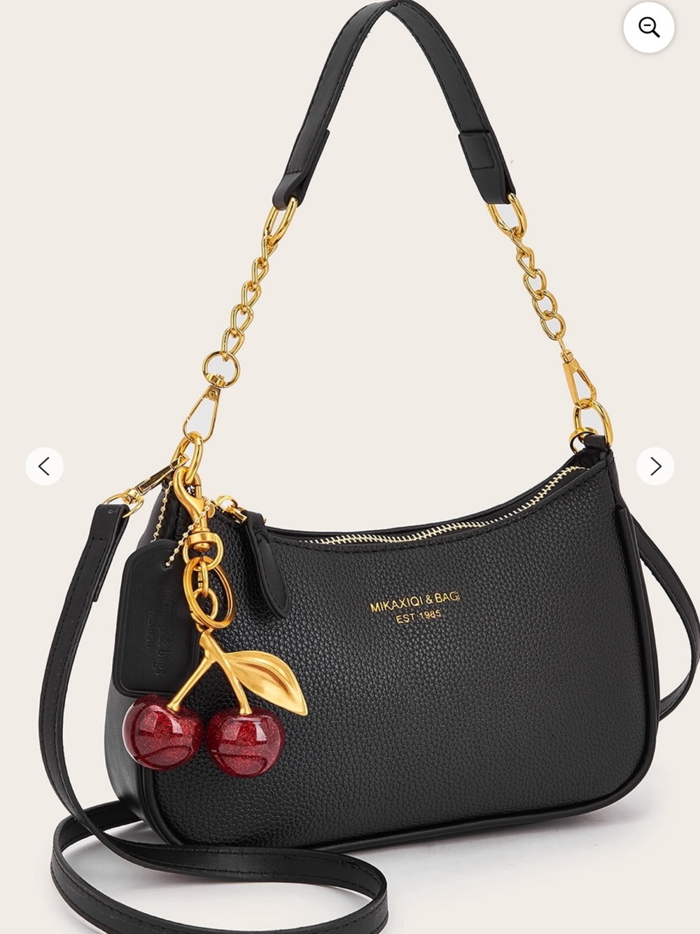 Mikayoi & Bag Black Pebbled Shoulder Bag with Cherry Charm